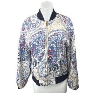 Free People Women's Blue Multicolor Floral Paisley Quilted Bomber Coat Jacket S